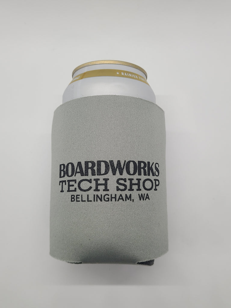 Grey Boardworks Tech Shop cozie with black text: "Boardworks Tech Shop Bellingham, WA"
