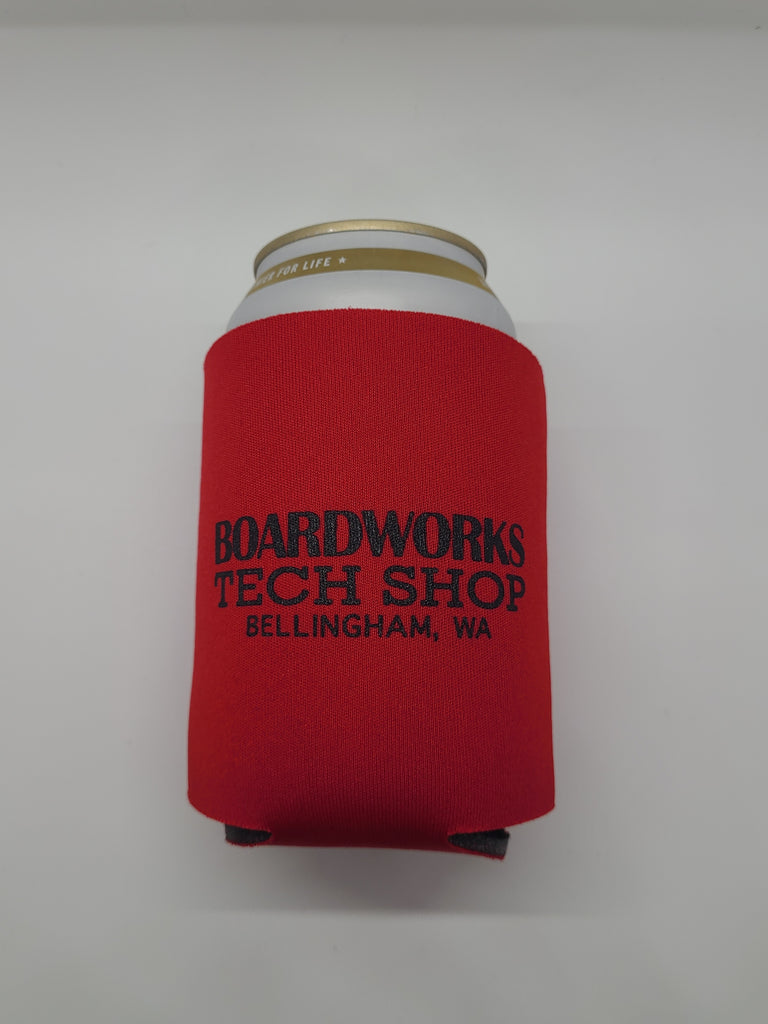 Red Boardworks Tech Shop cozie with black text: "Boardworks Tech Shop Bellingham, WA"
