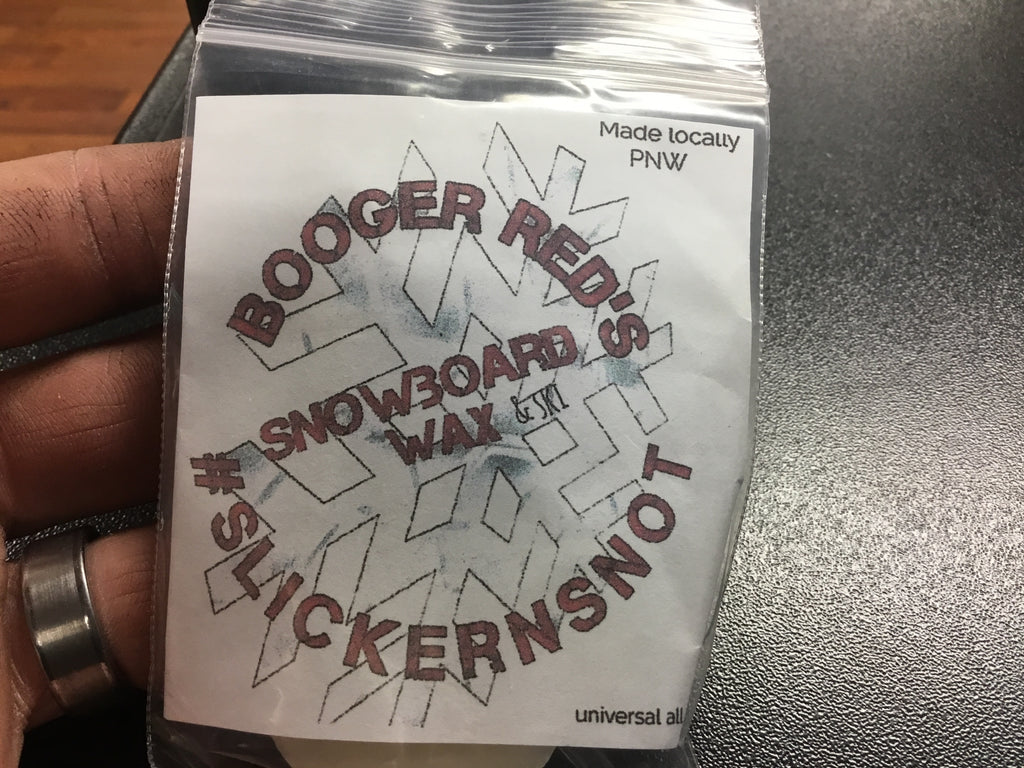 Booger Reds single snowboard sized nose logo packaging. 