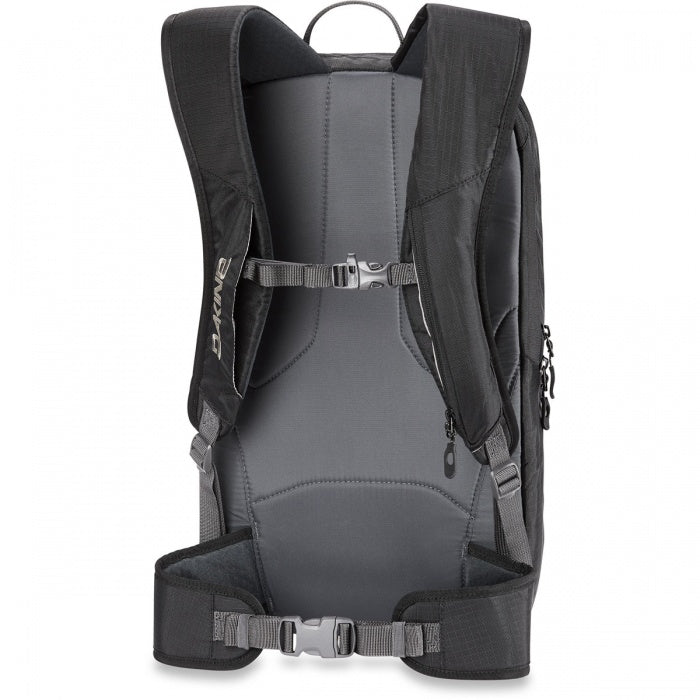 Dakine Mission Pro Snowboard backpack in all black. Photo shows the back straps with a adjustable chest strap and an adjustable hip belt.Size: 18 liters.