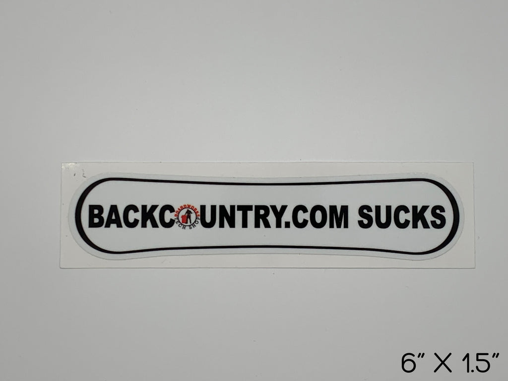 Backountry.com sucks snowboard shaped sticker with Boardworks Tech Shop logo. Size: 6 inches by 1.5 inches.