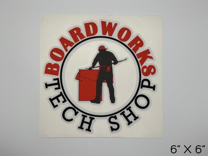 Boardworks Tech Shop "Grinder Man" classic logo die cut sticker in red, black, and white. Size: 6 inches by 6 inches.