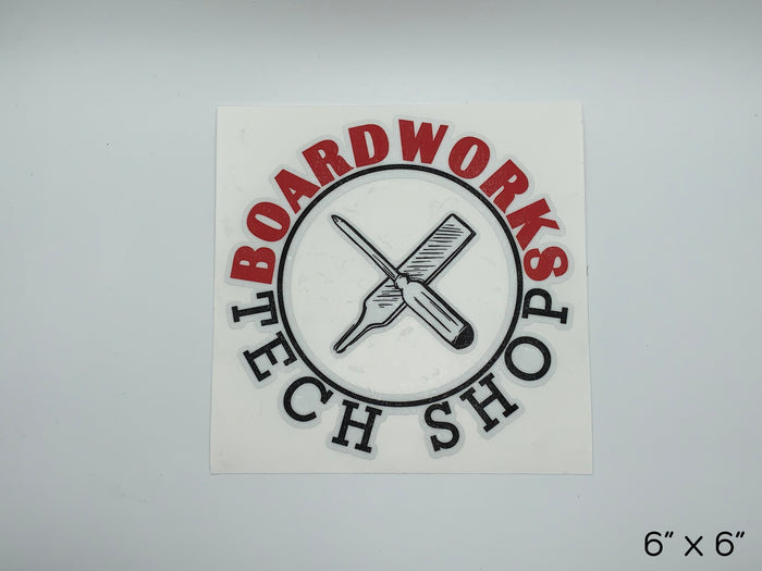 Boardworks Tech Shop cross tools logo die cut sticker in red, black, and white. Size: 6 inches by 6 inches. 