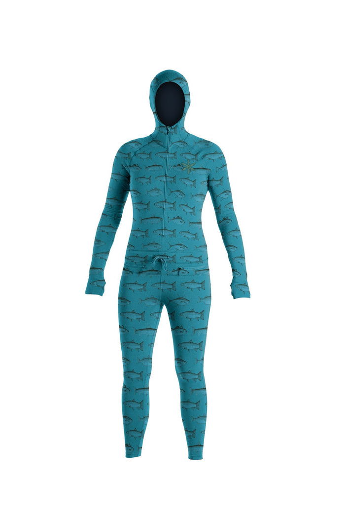 Womens Classic Ninja Suit. Mint Fish (Blue teal color with a fish print). Hooded Zip up base layer
