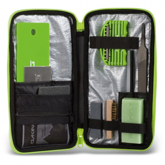 Snowboard tuning kit with bright green highlights. Edge sharpener, plastic scraper, metal scraper for p-tex, gummy stone, wax, and other tools shown.  