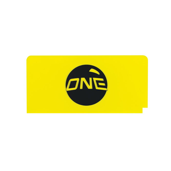 All yellow ski and snowboard wax scraper with oneball J logo in black. 