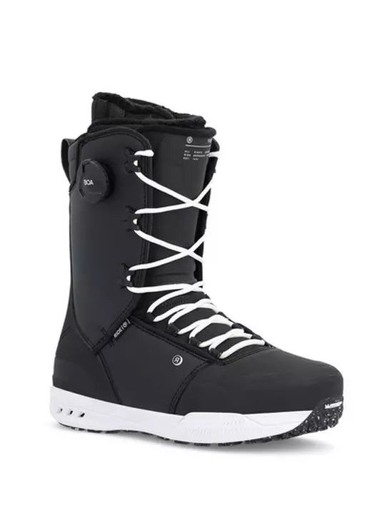 Ride Fuse 2023 Mens Snowboard Boots - black boots, white outsole, black sole, front angle profile